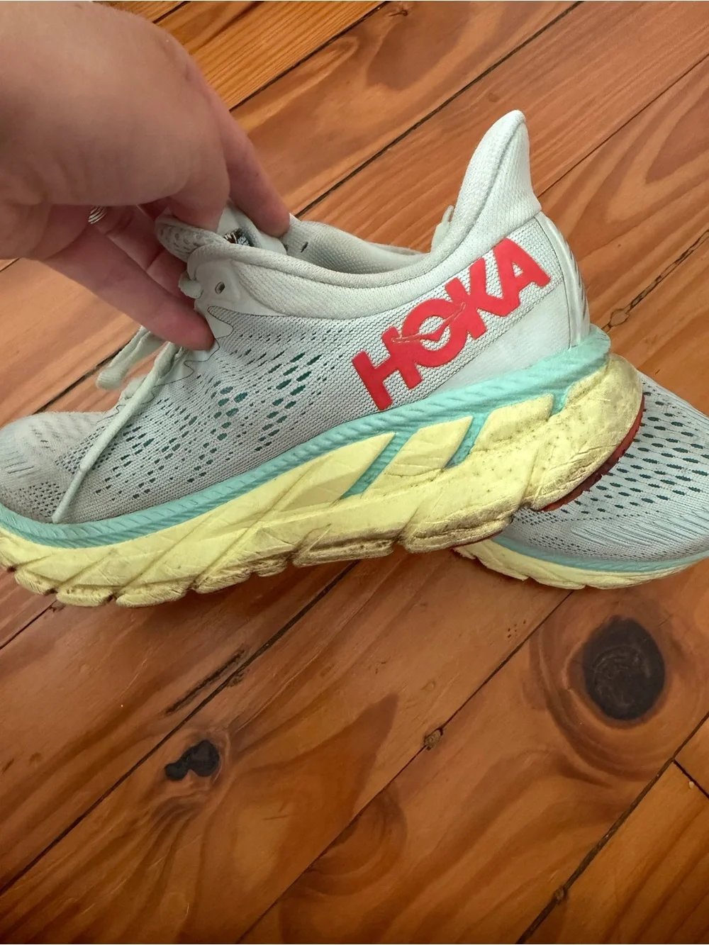 Hoka Women's Light Mint Athletic Shoes with Yellow Midsole and Coral Logo size 7